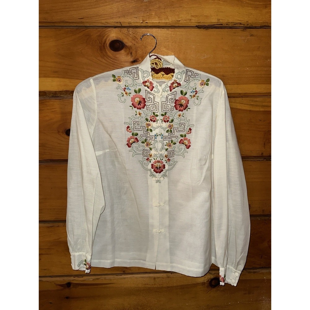 Vintage Lily Hand Embroidered Shirt Made In SHANGHAI China Floral Size L